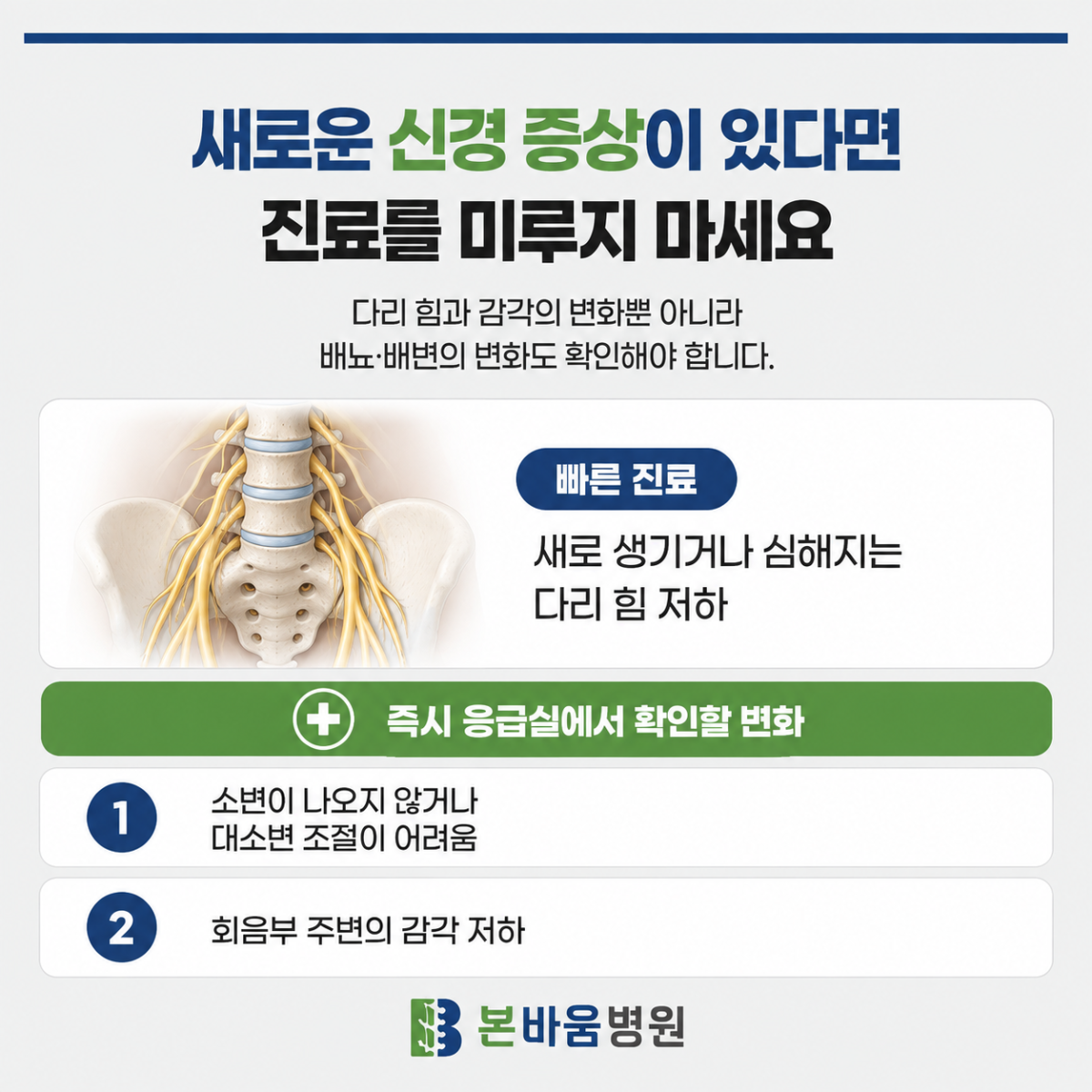 다리 힘 저하와 배뇨·배변 변화, 회음부 감각 저하의 진료 안내