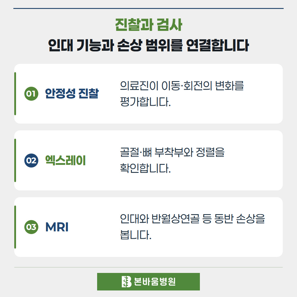 불광역정형외과 안정성 진찰 · 엑스레이 · MRI — 진찰과 검사 · 인대 기능과 손상 범위를 연결합니다