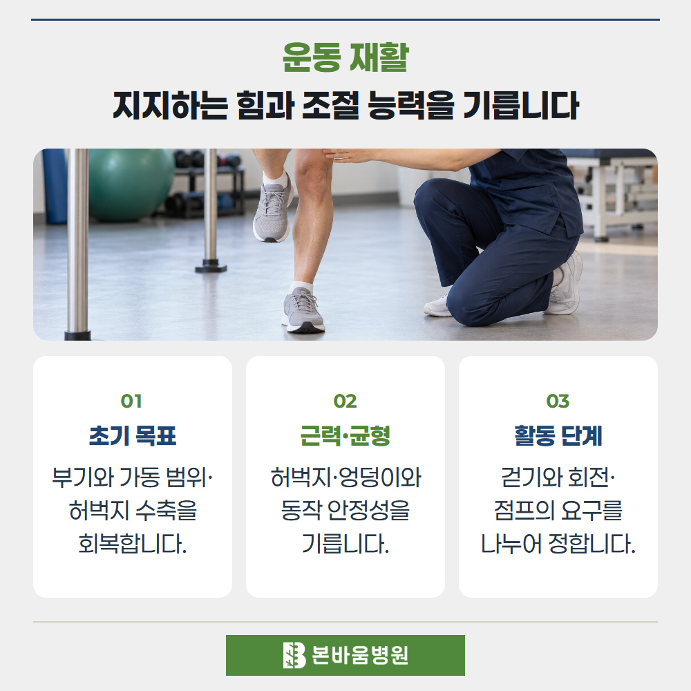 불광역정형외과 한 발로 균형을 잡는 재활 — 운동 재활 · 지지하는 힘과 조절 능력을 기릅니다