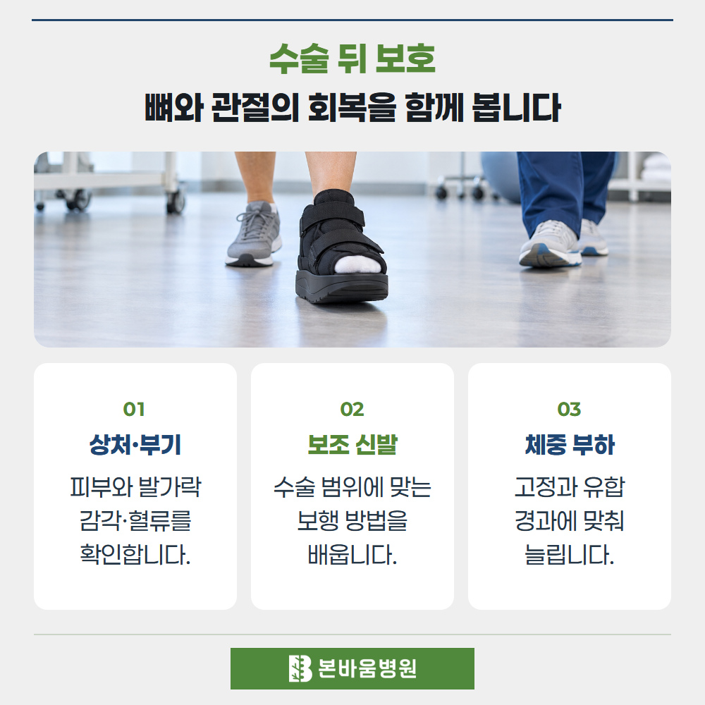 연신내정형외과 보호 신발을 이용한 보행 — 수술 뒤 보호 · 뼈와 관절의 회복을 함께 봅니다