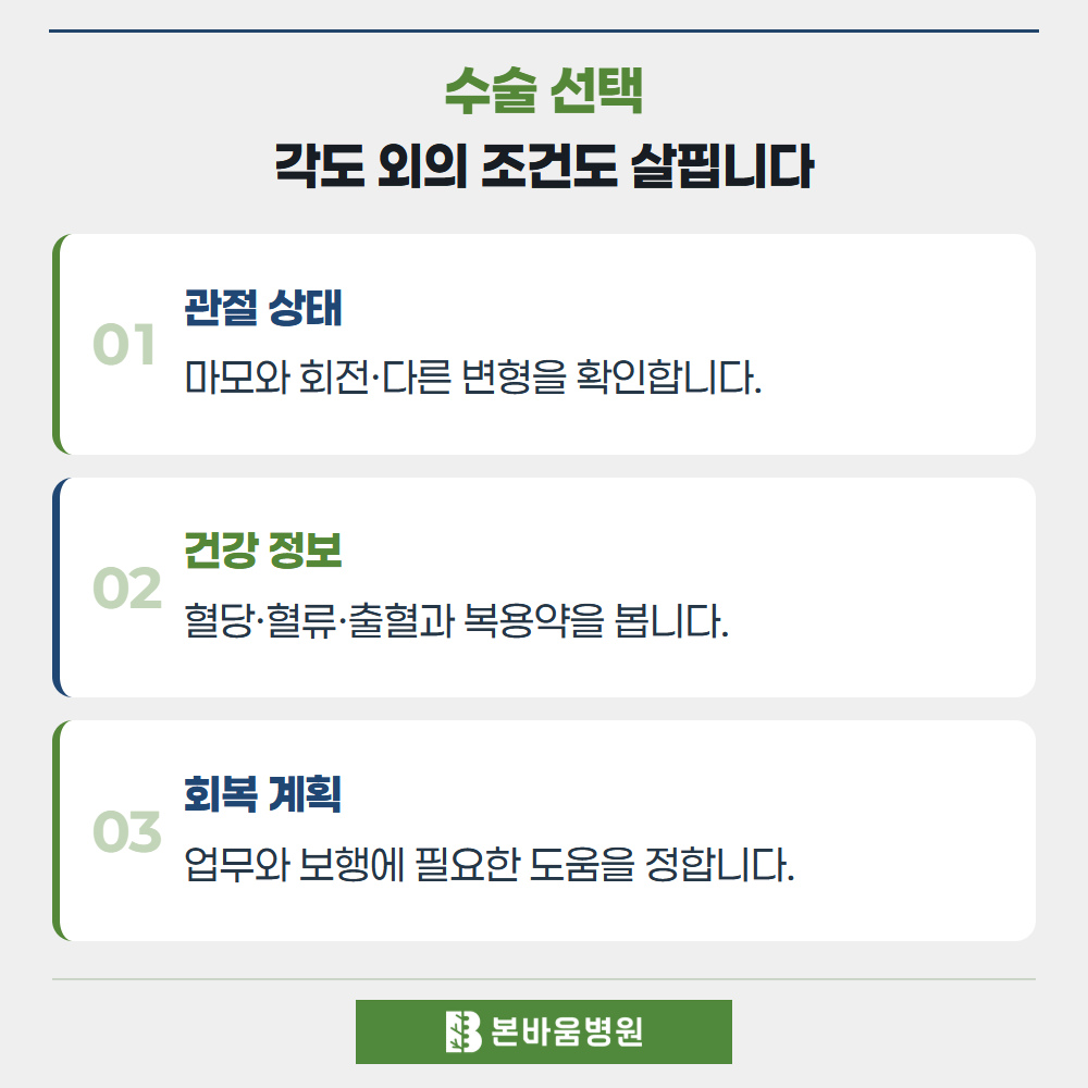연신내정형외과 관절 상태 · 건강 정보 · 회복 계획 — 수술 선택 · 각도 외의 조건도 살핍니다