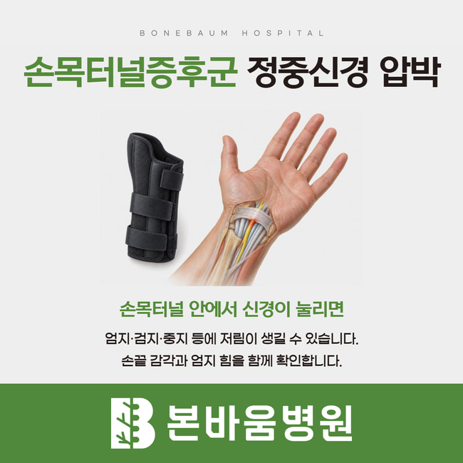 손목터널 정중신경과 보조기 삽화, 엄지·검지·중지 저림 및 감각과 근력 확인 설명