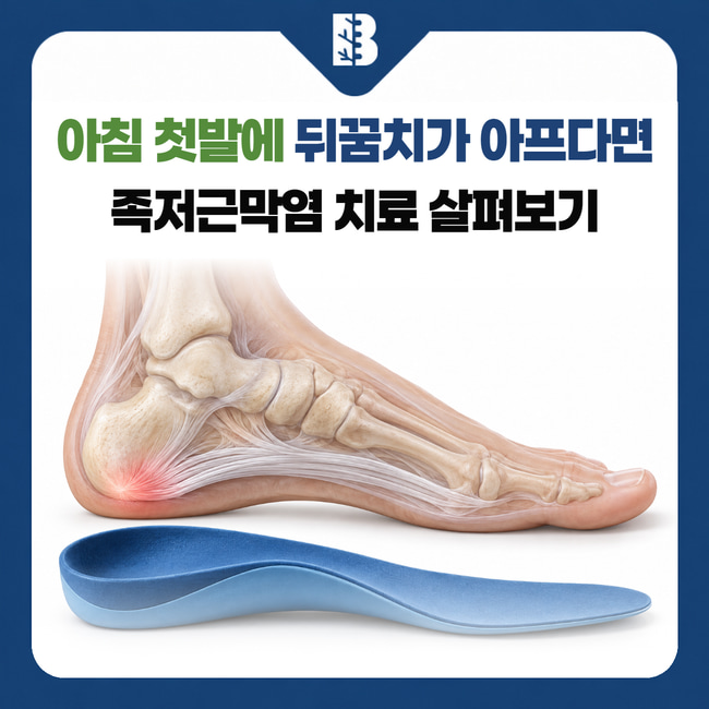 아침 첫발에 뒤꿈치가 아프다면 족저근막염 치료 살펴보기: 발바닥의 족저근막과 뒤꿈치 부위, 아치를 받치는 깔창을 함께 보여주는 설명용 삽화