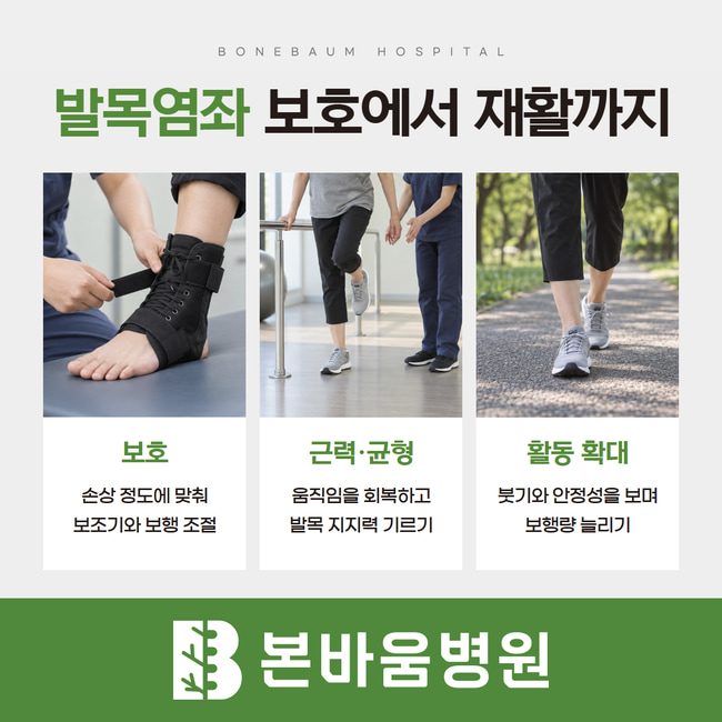 발목 보호대, 한 발 균형 훈련, 보행 사진으로 설명한 보호부터 재활까지의 과정