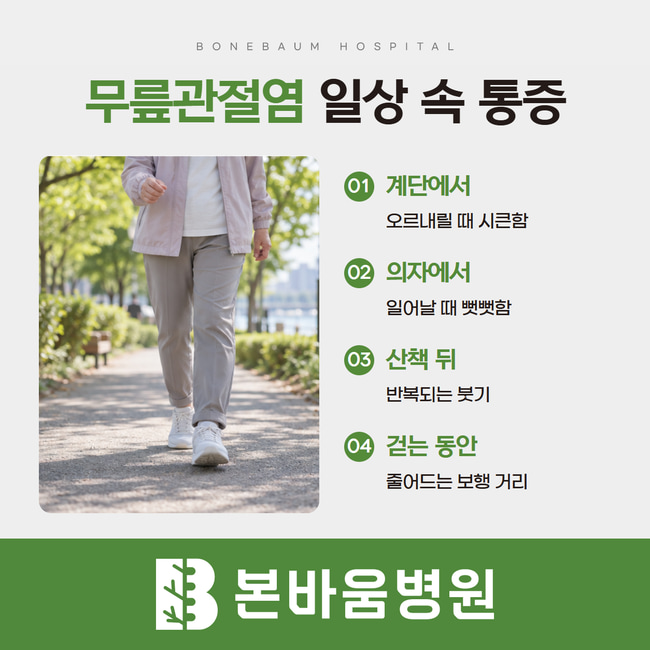 걷는 모습과 함께 계단 통증, 일어날 때 뻣뻣함, 산책 뒤 붓기, 보행 거리 감소를 정리한 카드